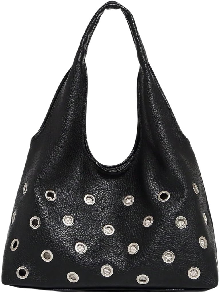 Women's Rivet Leather Hobo Bag Y2k Double Handle Medium Shoulder Bags Punk Handb